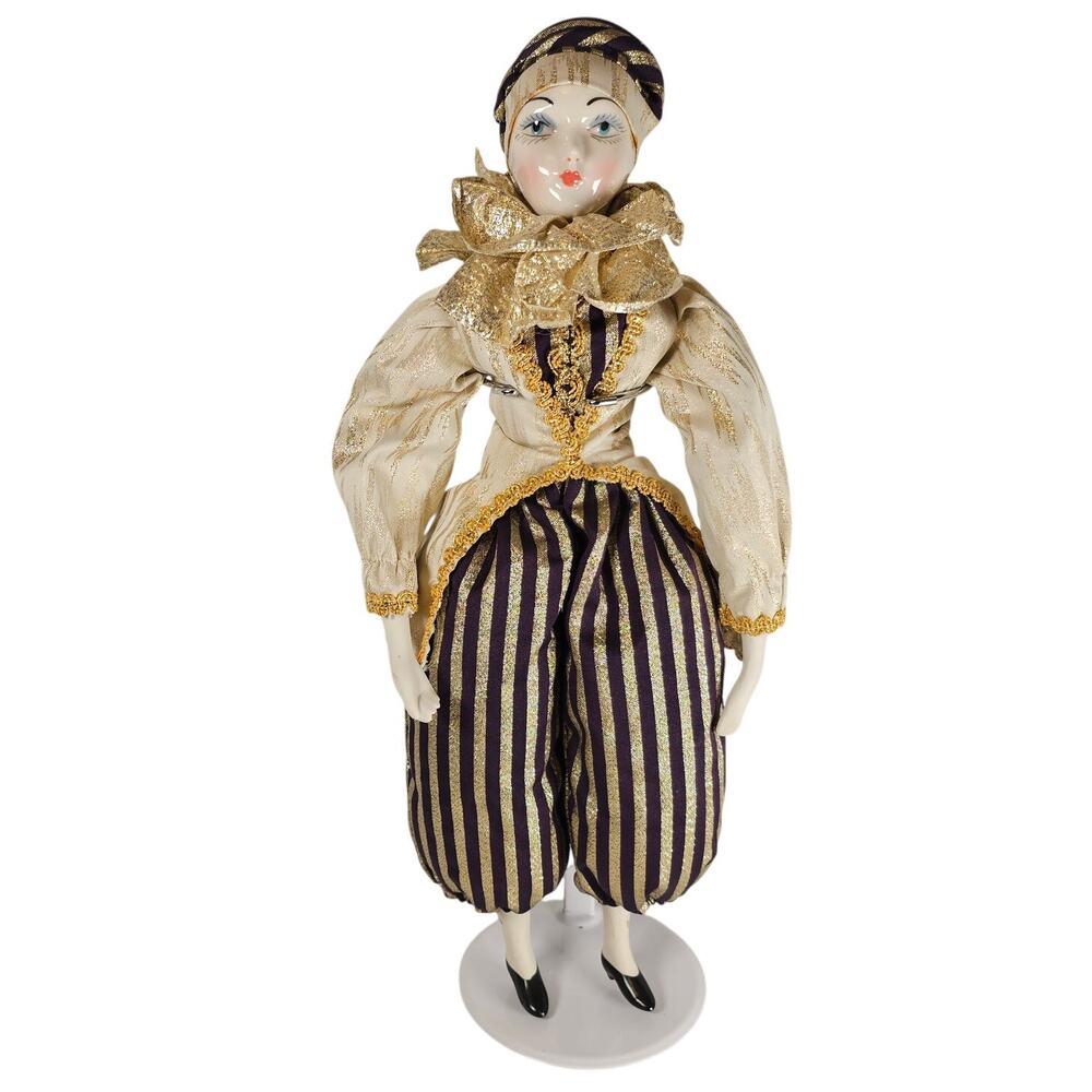 Porcelain Clown Doll 16" Pierrot Harlequin Gold Purple Striped Outfit Vintage